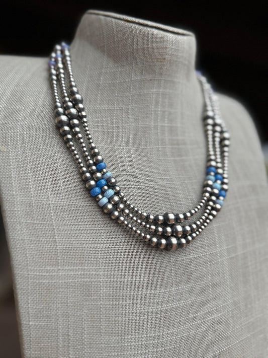 Handcrafted Blue Opal & Sterling Silver Beaded 3-8mm Necklace 20"