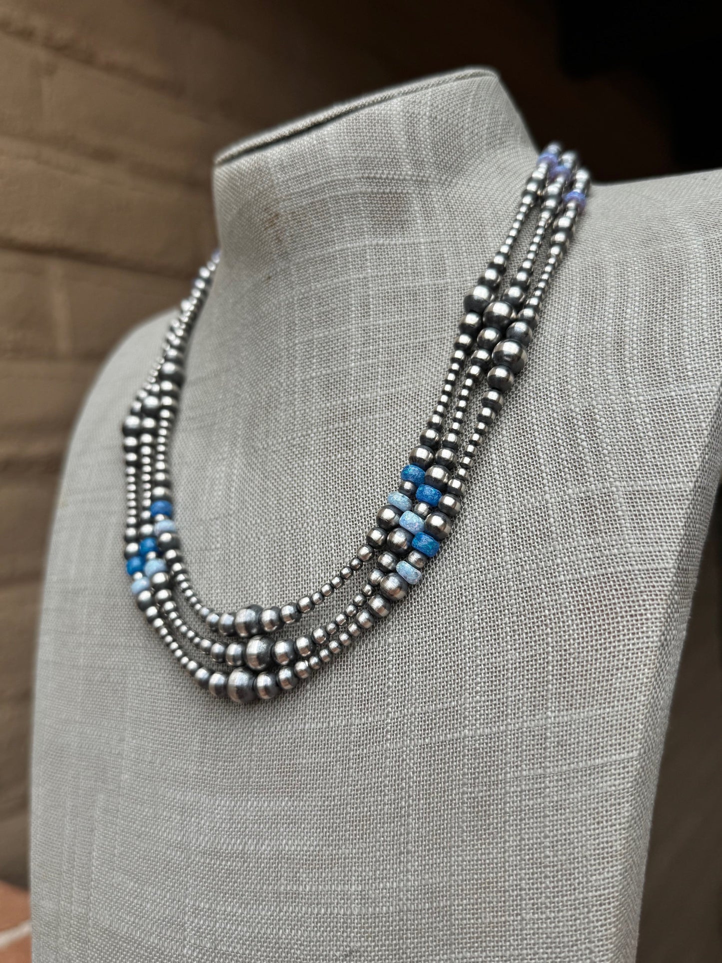 Handcrafted Blue Opal & Sterling Silver Beaded 3-8mm Necklace 20"