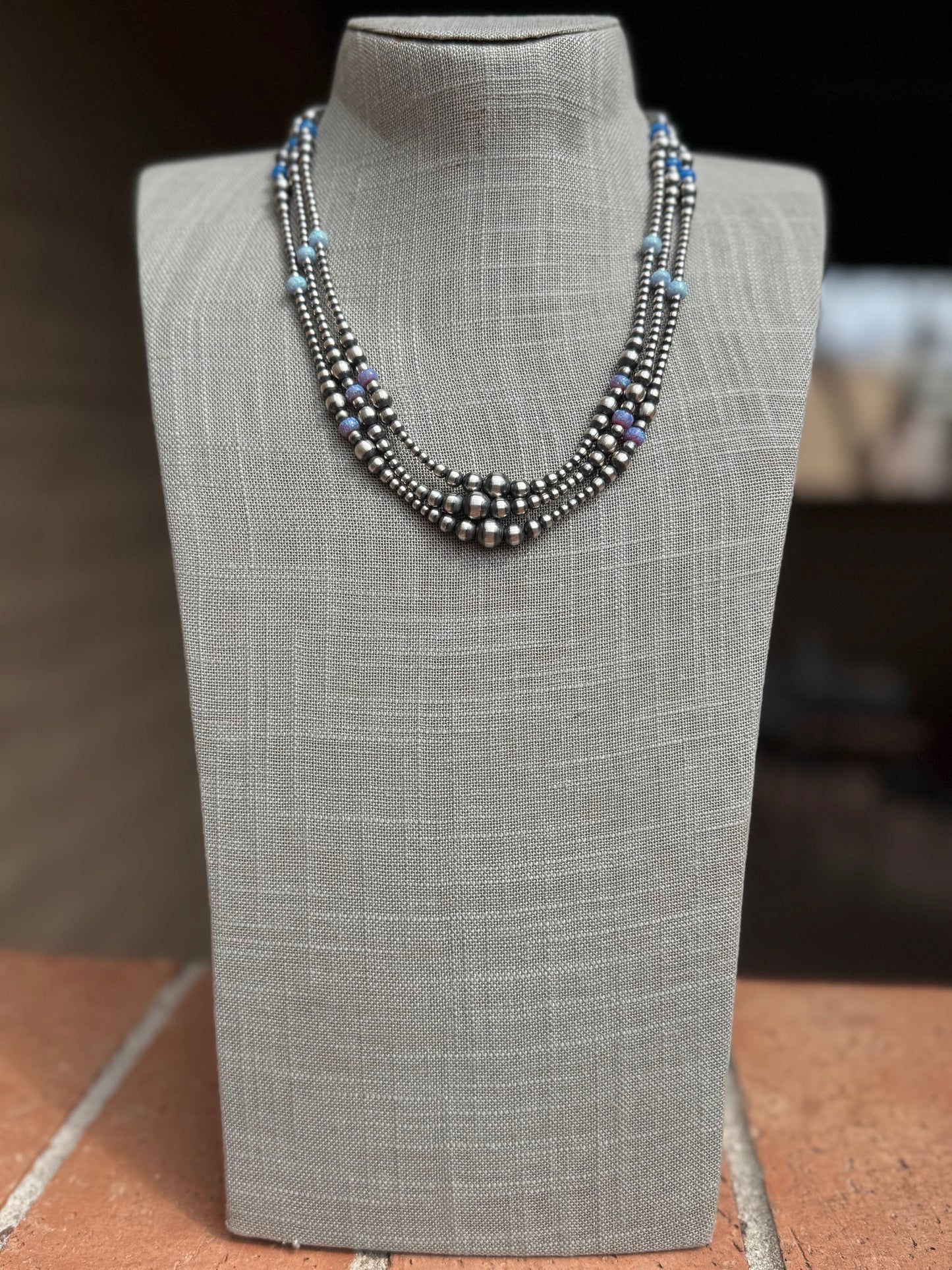 Handcrafted Blue Opal & Sterling Silver Beaded 3-6mm Necklace 20"
