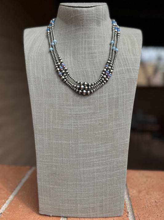 Handcrafted Blue Opal & Sterling Silver Beaded 3-6mm Necklace 20"