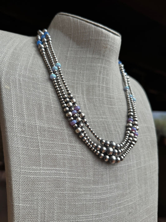Handcrafted Blue Opal & Sterling Silver Beaded 3-6mm Necklace 20"