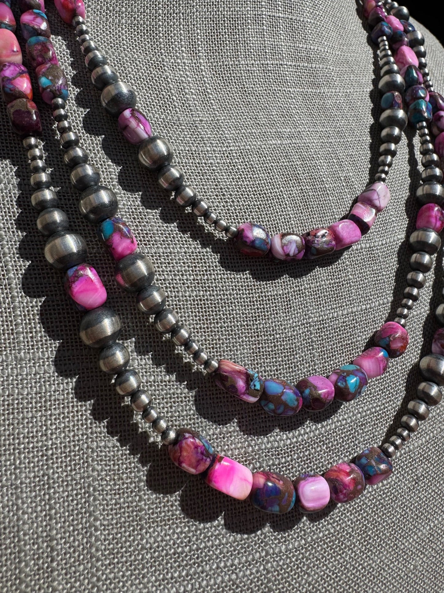 Handcrafted Sterling Silver & Pink Dream 3-6mm Beaded Necklace 24"
