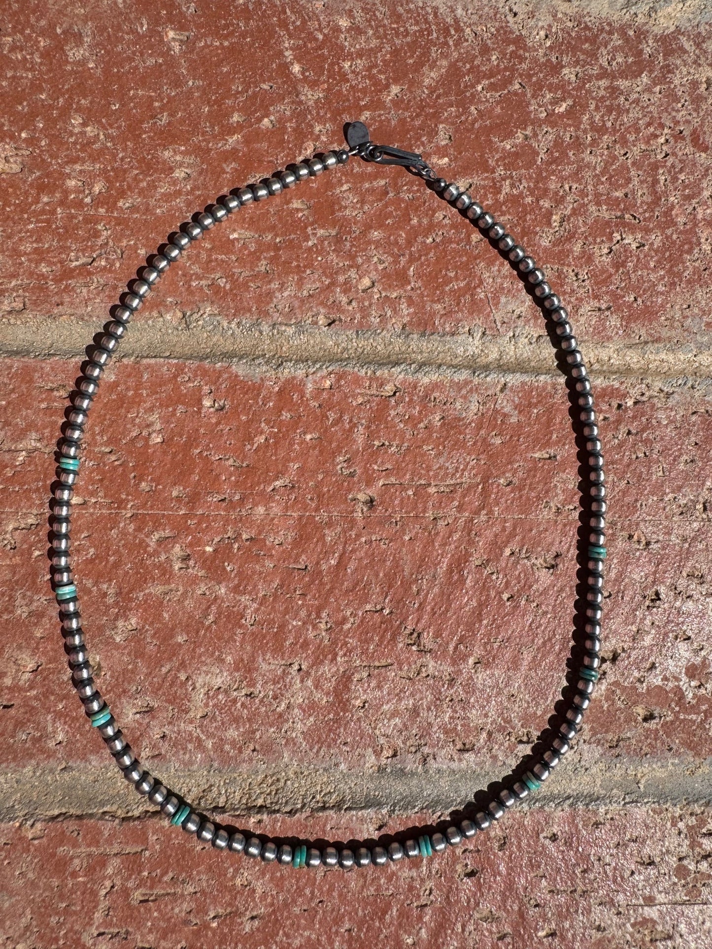 Handcrafted Kingman Turquoise & Sterling Silver 4mm Beaded Necklace 18"