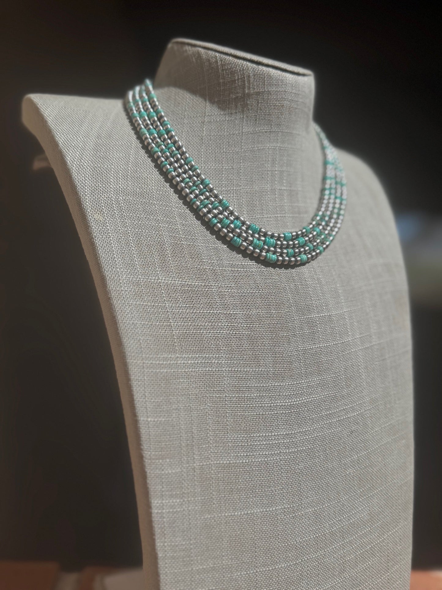 Handcrafted Kingman Turquoise & Sterling Silver 4mm Beaded Necklace