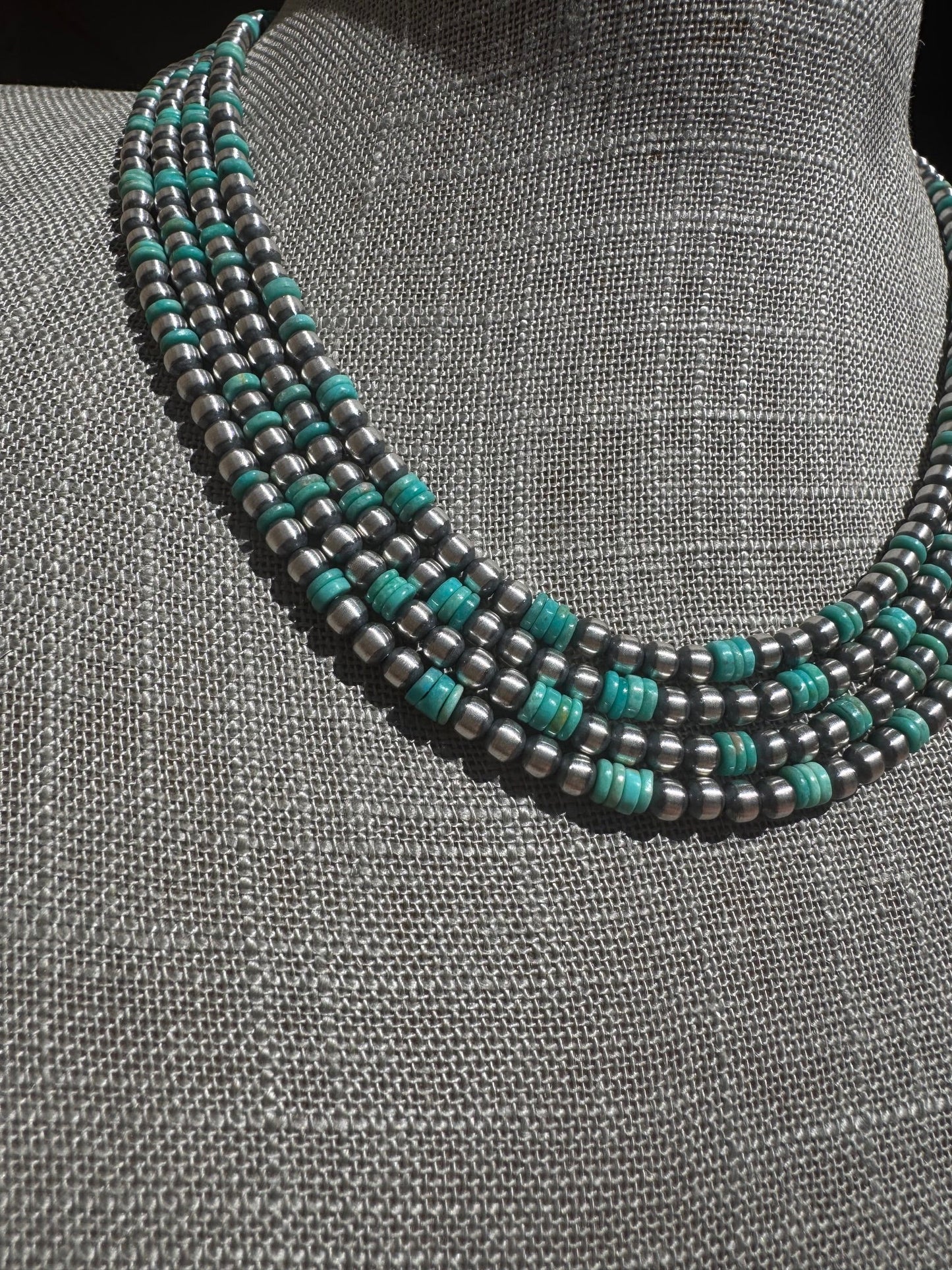 Handcrafted Kingman Turquoise & Sterling Silver 4mm Beaded Necklace