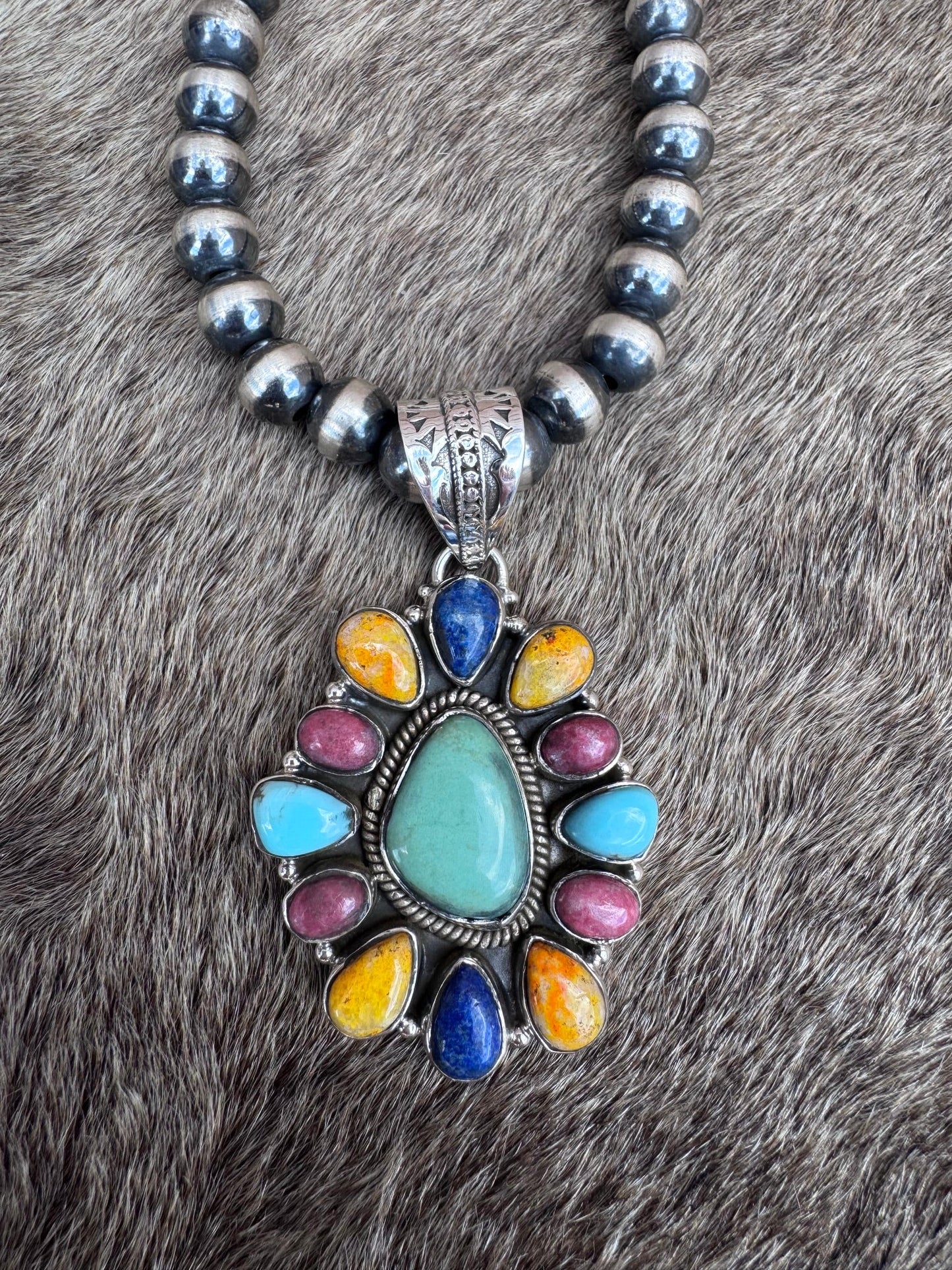 Handmade Sterling Silver Multi Stone Pendant signed Nizhoni (Green)