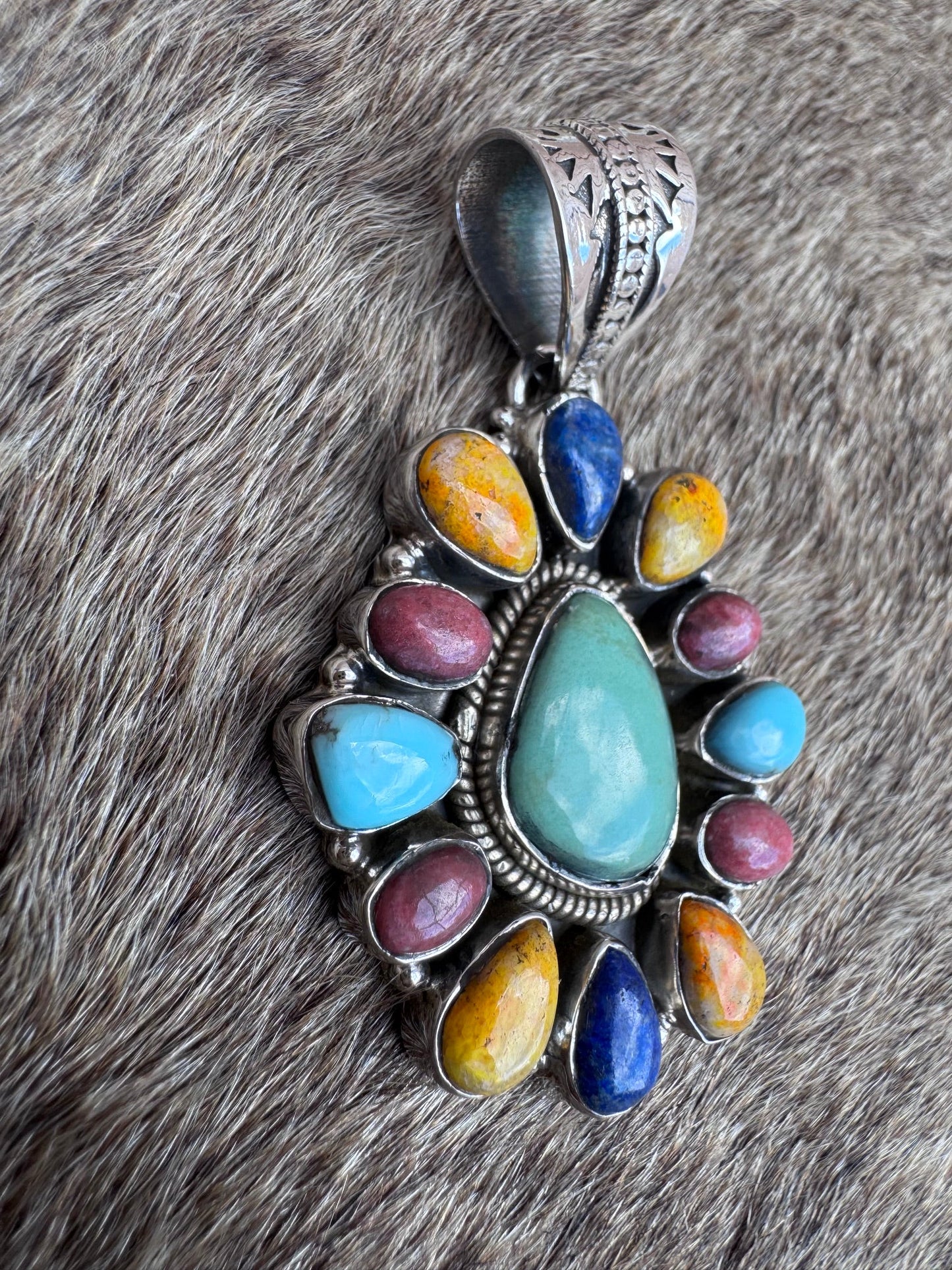 Handmade Sterling Silver Multi Stone Pendant signed Nizhoni (Green)