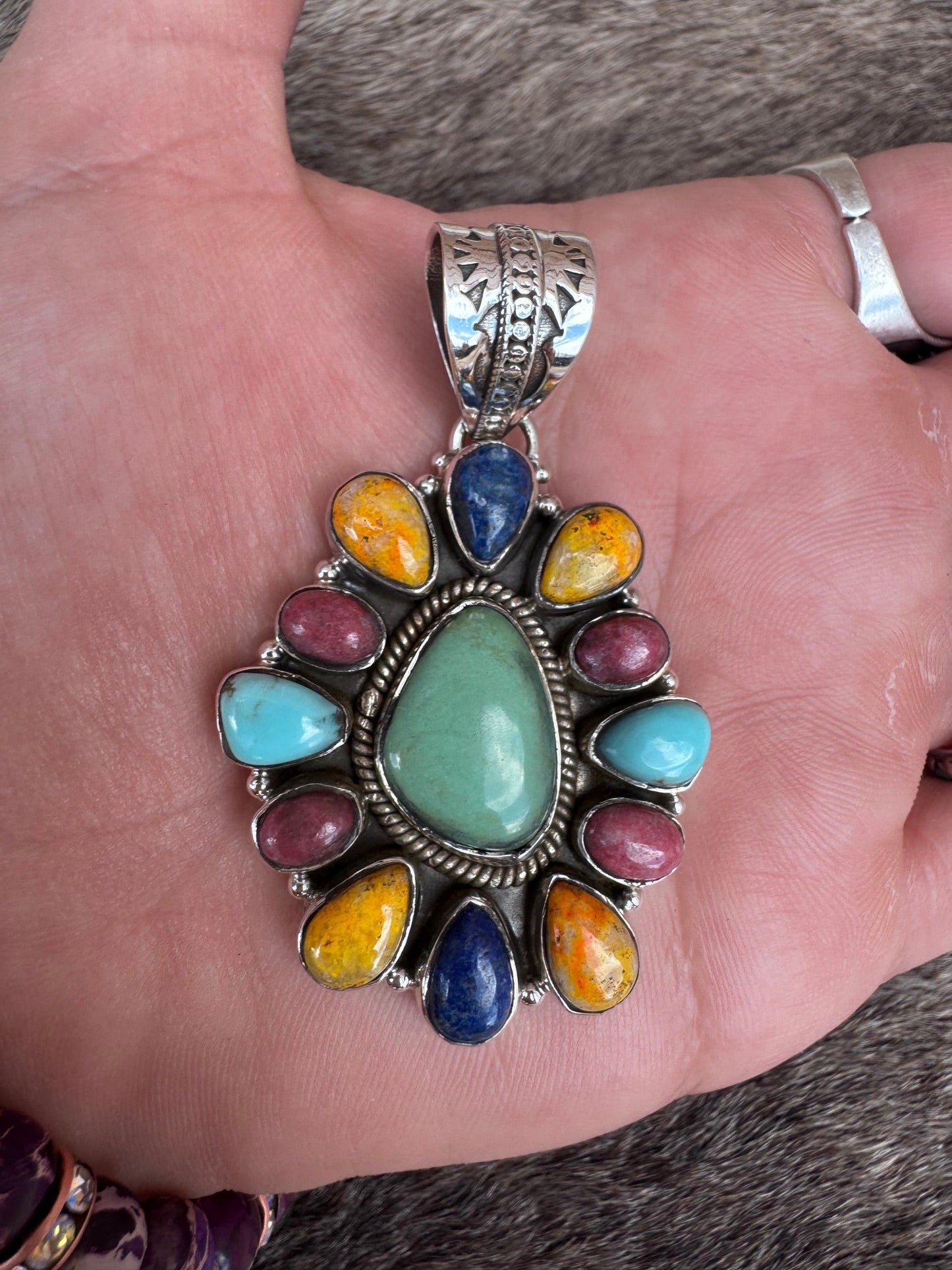 Handmade Sterling Silver Multi Stone Pendant signed Nizhoni (Green)