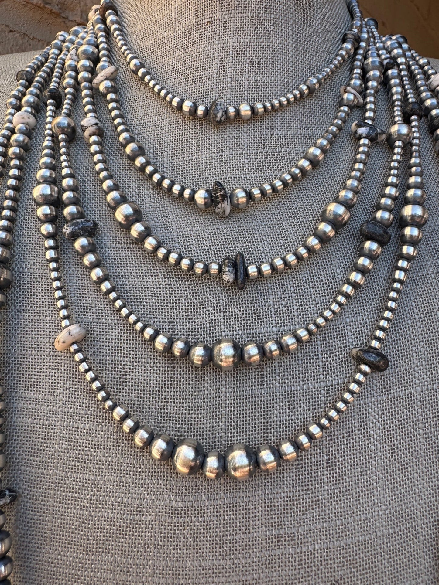 Handcrafted Sterling Silver & White Buffalo 3-5mm Beaded Necklace 14"