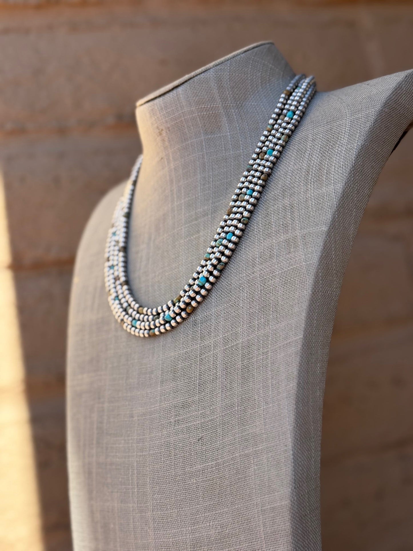 Handcrafted Kingman Turquoise & Sterling Silver 4mm Beaded Necklace 20"