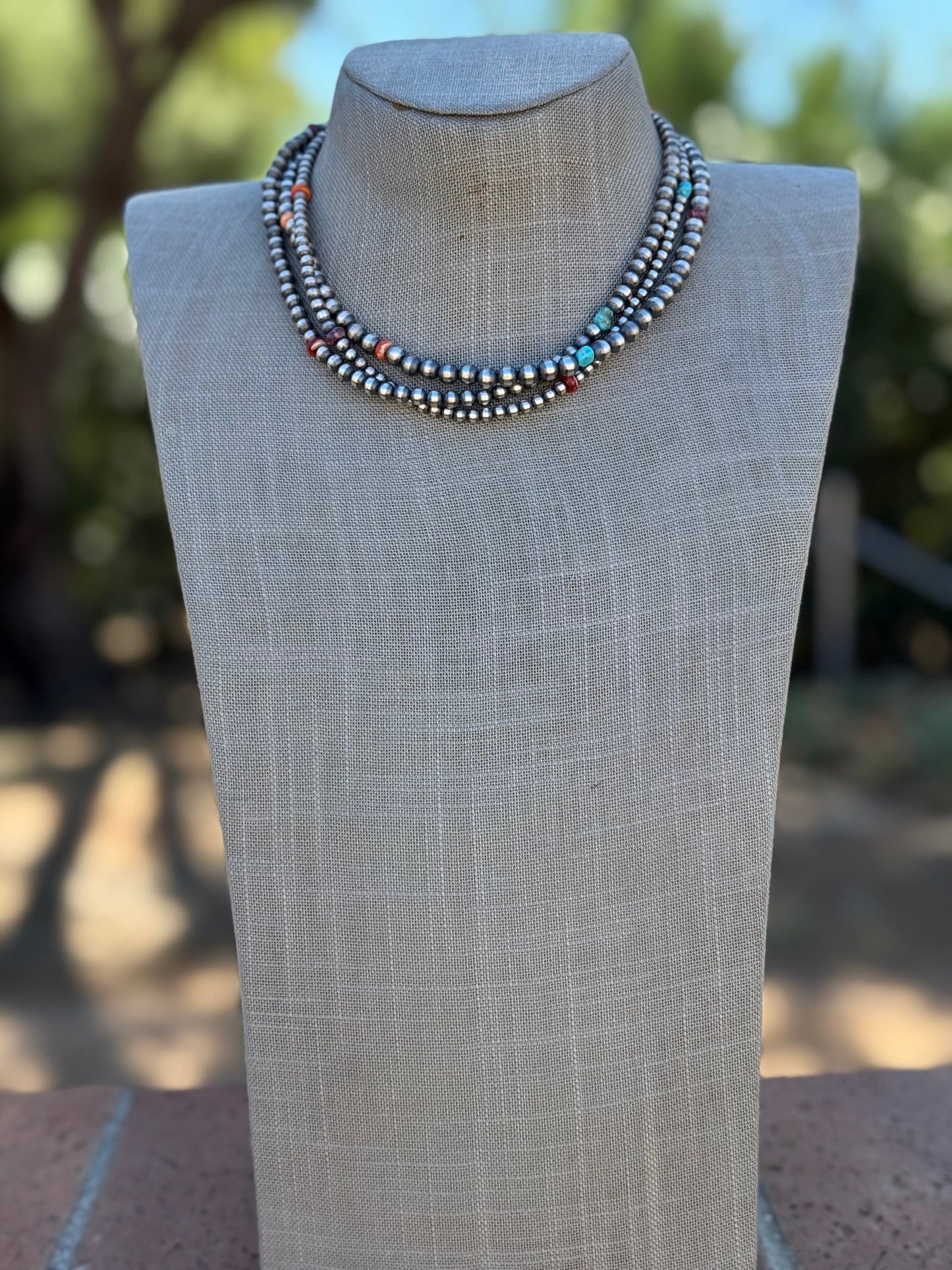 Handcrafted Multi Stone & Sterling Silver 3 Strand Beaded 3-8mm Necklace 16"