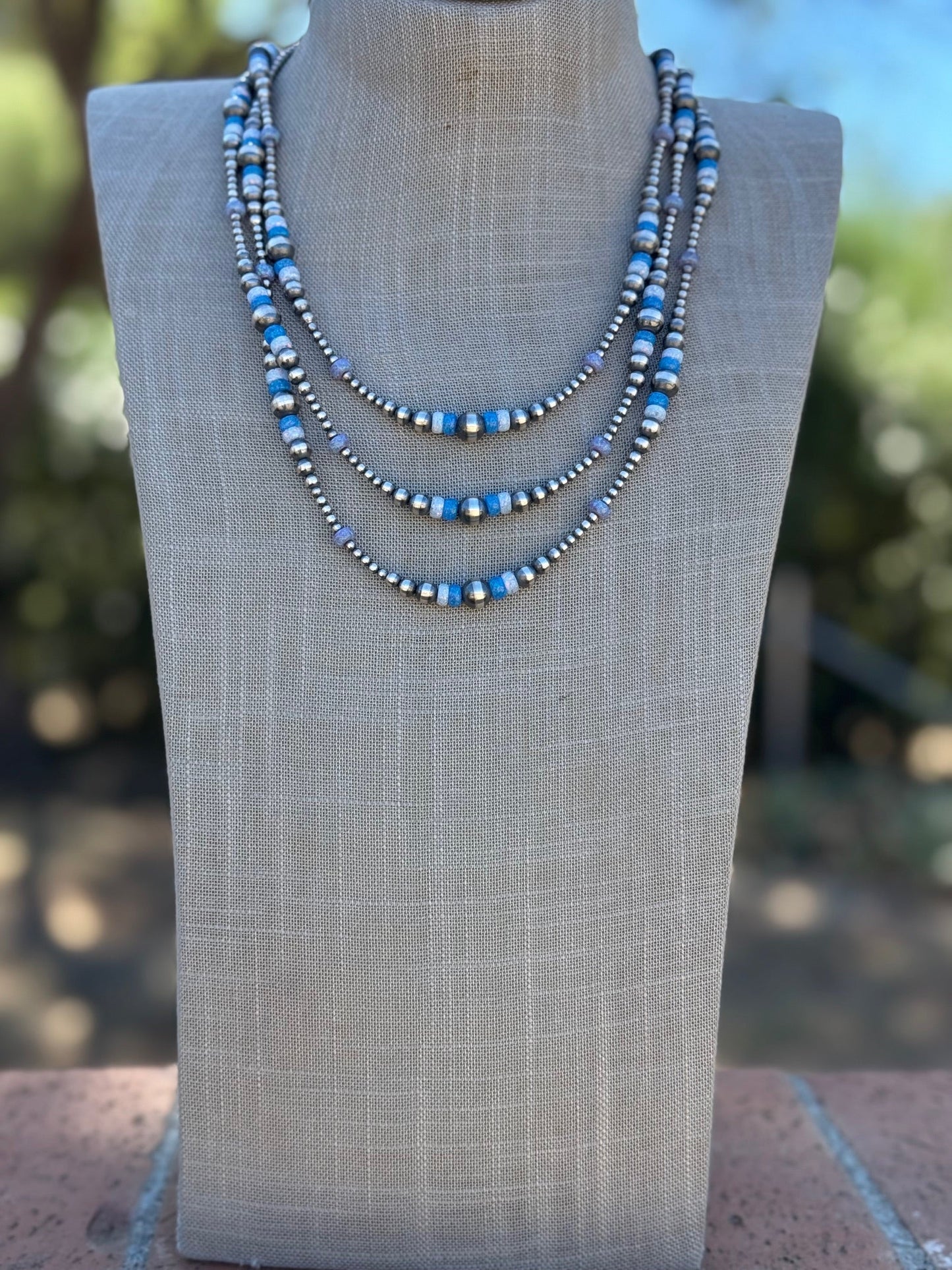 Handcrafted Blue Opal & Sterling Silver Beaded 3-8mm Necklace 22"