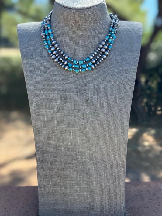 Handcrafted Kingman Turquoise & Sterling Silver 5-8mm Beaded Necklace 18"