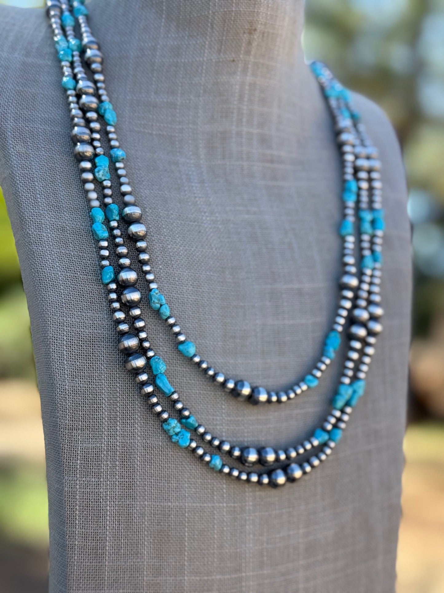 Handcrafted Kingman Turquoise & Sterling Silver 4-8mm Beaded Necklace 30"