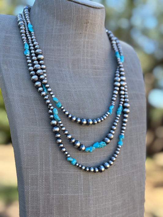 Handcrafted Kingman Turquoise & Sterling Silver 4-8mm Beaded Necklace 60"