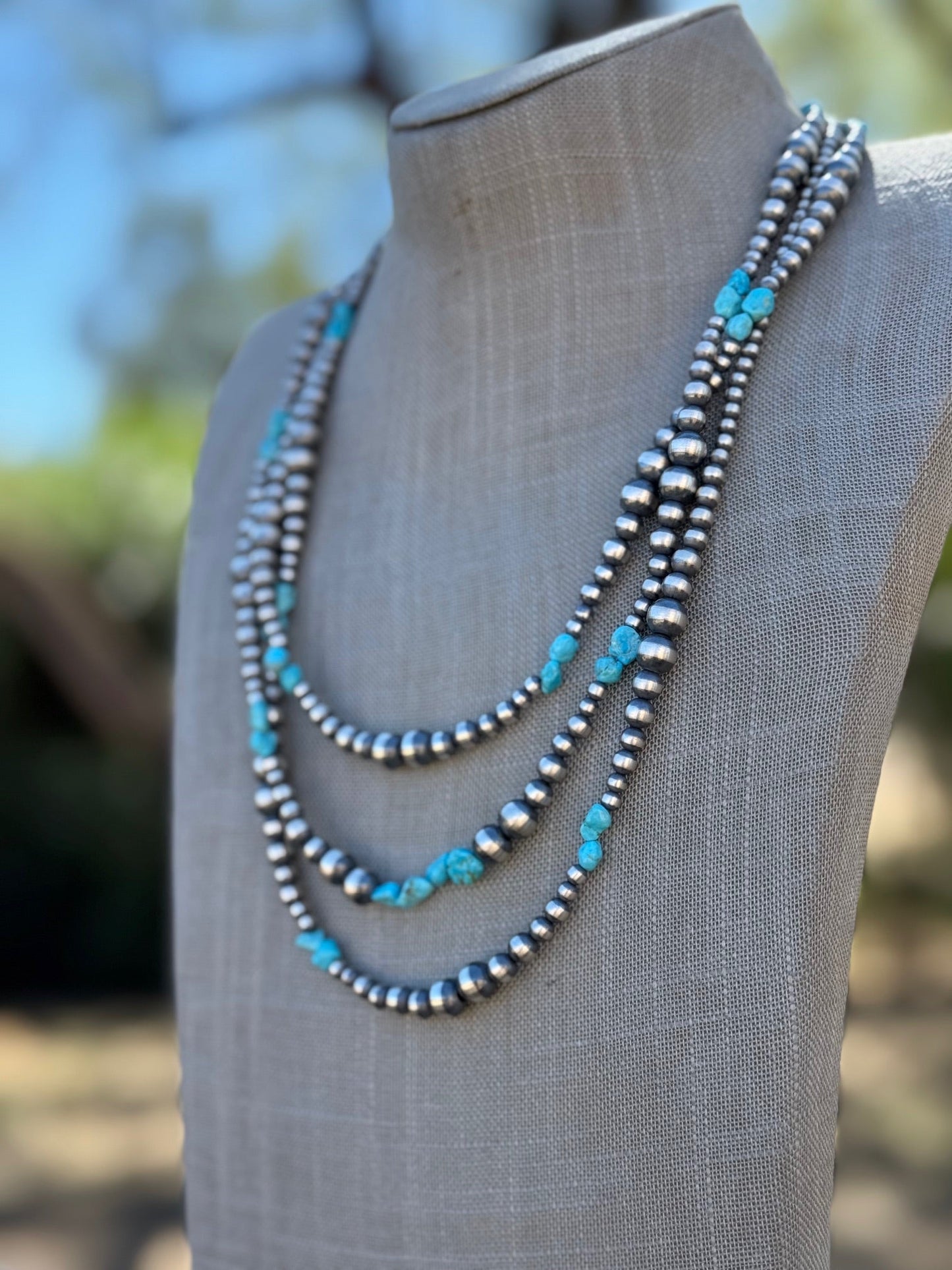 Handcrafted Kingman Turquoise & Sterling Silver 4-8mm Beaded Necklace 72"
