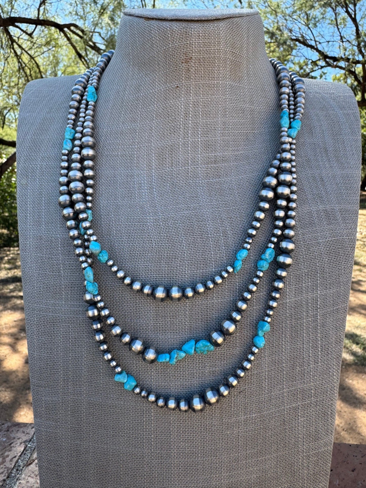 Handcrafted Kingman Turquoise & Sterling Silver 4-8mm Beaded Necklace 72"