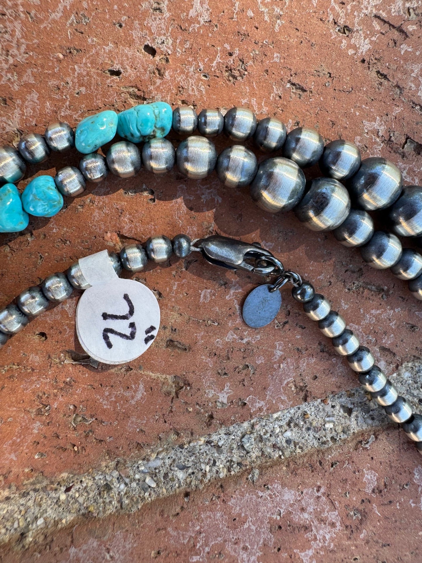 Handcrafted Kingman Turquoise & Sterling Silver 4-8mm Beaded Necklace 72"