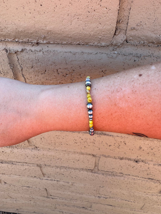 Handcrafted Sterling Silver and Palomino Turquoise Beaded 3-6mm Bracelet 7.5"