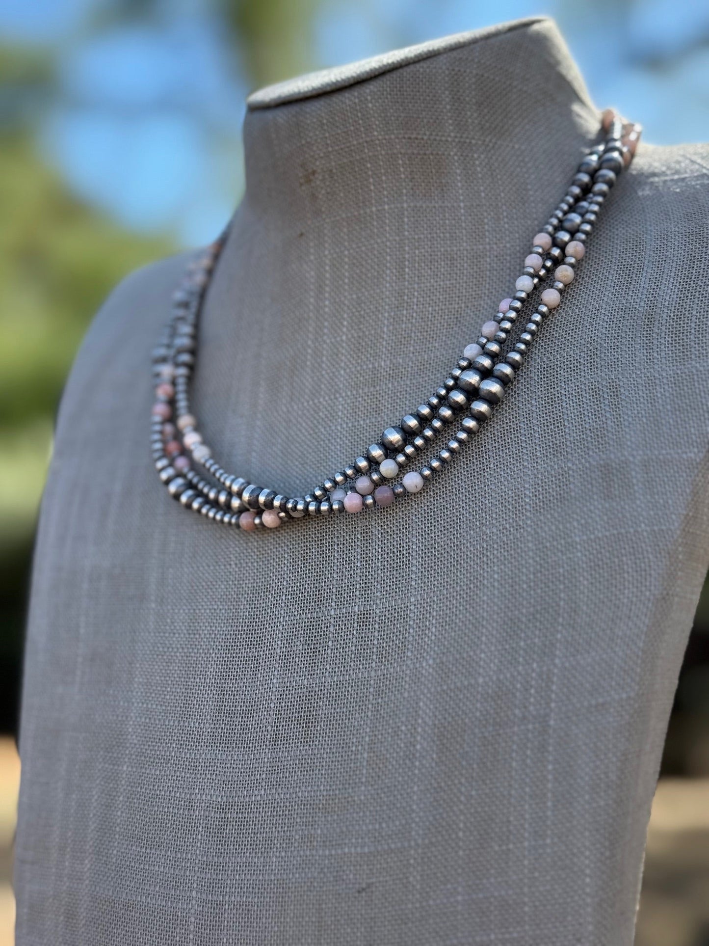 Handcrafted Pink Conch & Sterling Silver 3-6mm Beaded Necklace 18"