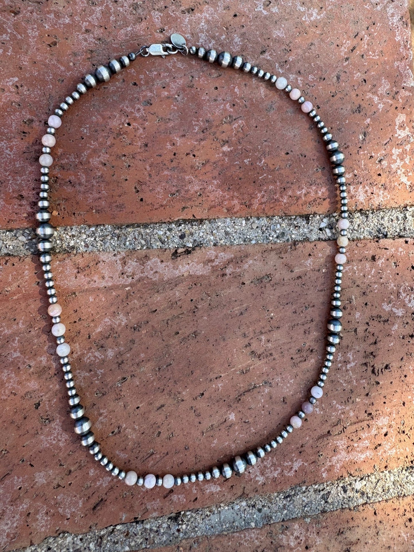 Handcrafted Pink Conch & Sterling Silver 3-6mm Beaded Necklace 18"