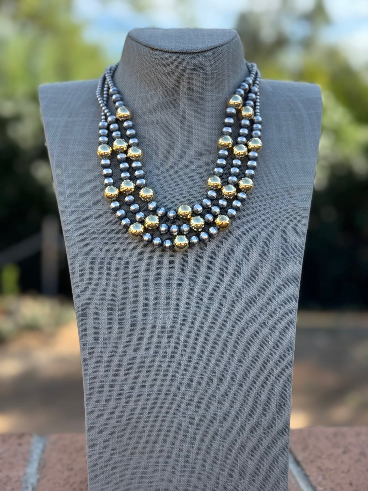 Handcrafted Sterling Silver & Gold 4 & 10mm Beaded Necklace