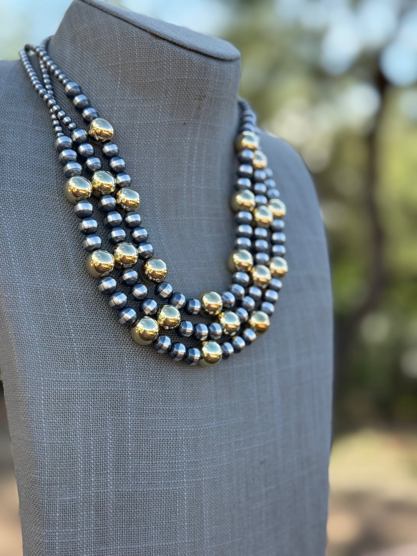 Handcrafted Sterling Silver & Gold 4 & 10mm Beaded Necklace