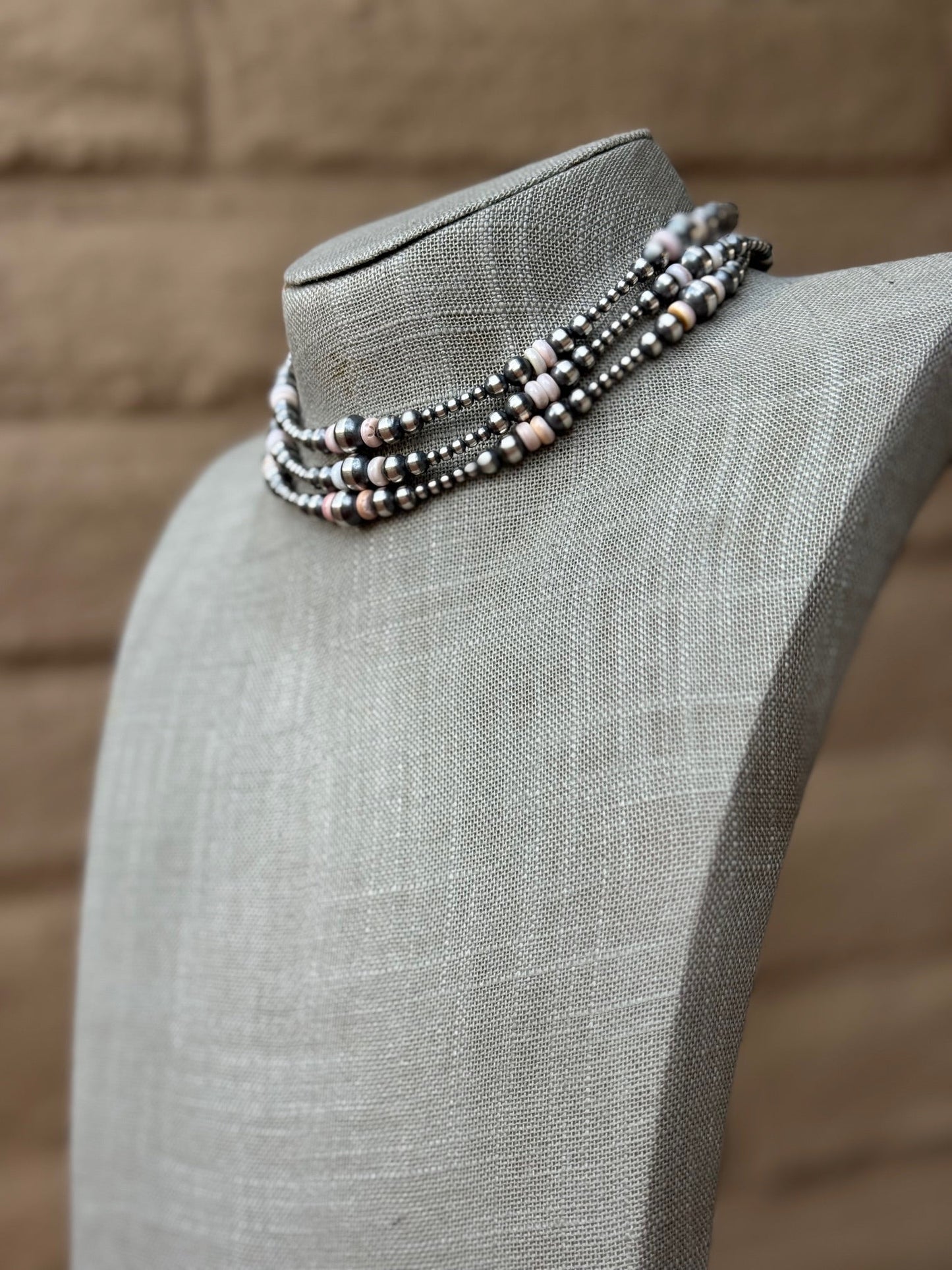 Handcrafted Pink Conch & Sterling Silver 3-8mm Beaded Necklace 14"