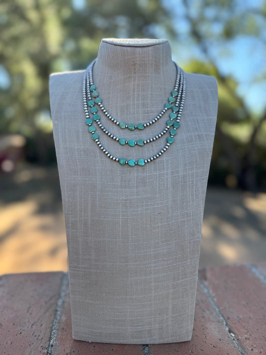 Handcrafted Kingman Turquoise &  Sterling Silver Heart 4mm Beaded Necklace