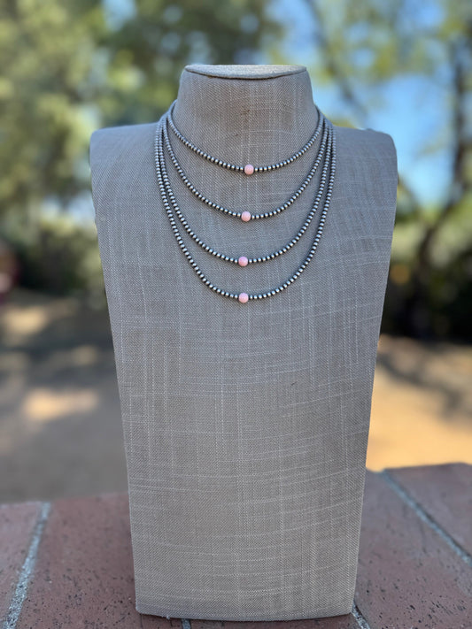 Handcrafted 1 Stone Pink Conch & Sterling Silver 3mm Beaded Necklace
