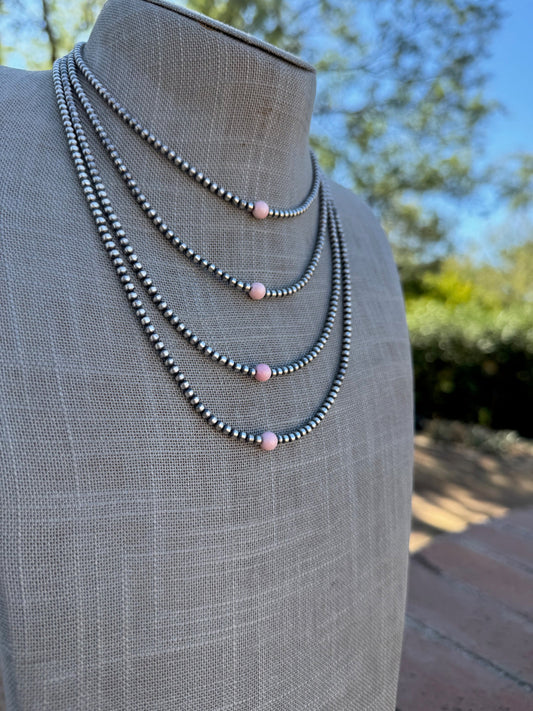 Handcrafted 1 Stone Pink Conch & Sterling Silver 3mm Beaded Necklace