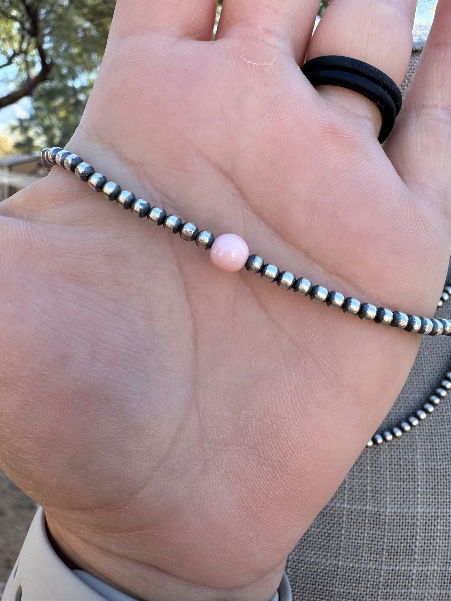 Handcrafted 1 Stone Pink Conch & Sterling Silver 3mm Beaded Necklace
