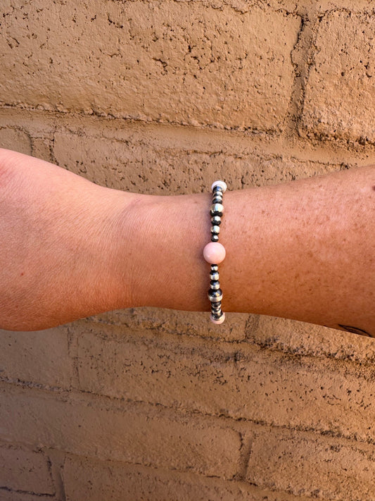 Handcrafted Pink Conch & Sterling Silver 3-6mm Beaded Bracelet 7.25"