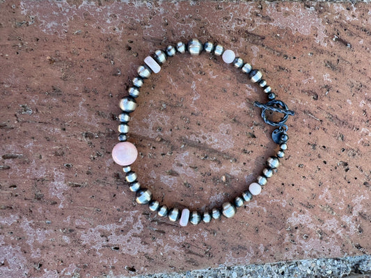 Handcrafted Pink Conch & Sterling Silver 3-6mm Beaded Bracelet 7.25"