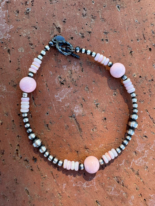 Handcrafted Pink Conch & Sterling Silver 3-5mm Beaded Bracelet 7.5"