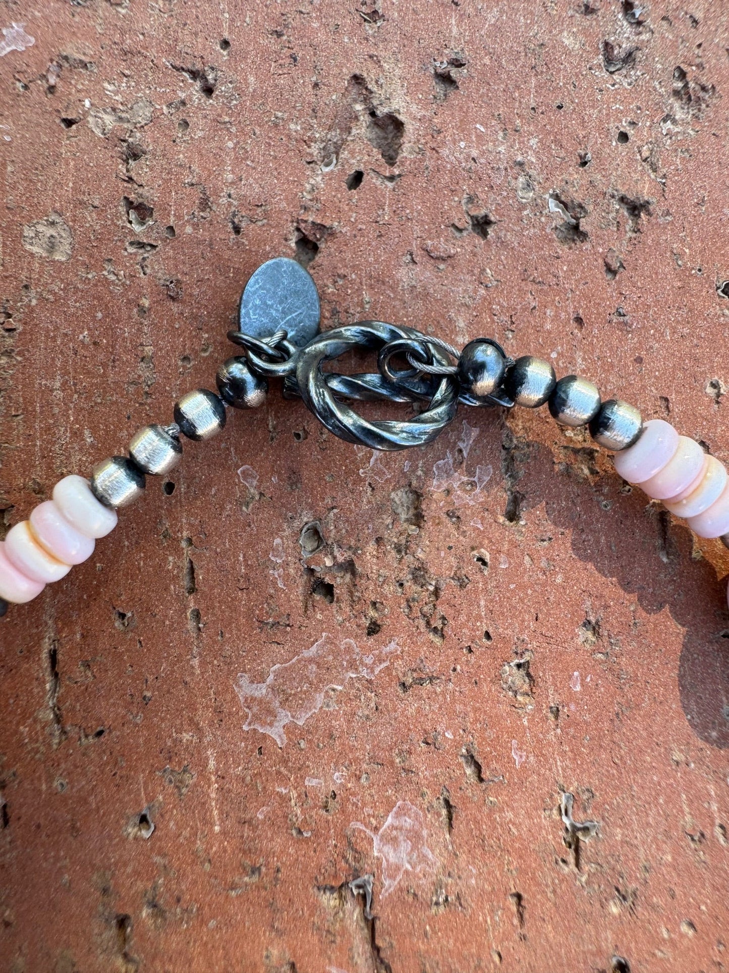 Handcrafted Pink Conch & Sterling Silver 3-5mm Beaded Bracelet 7.5"