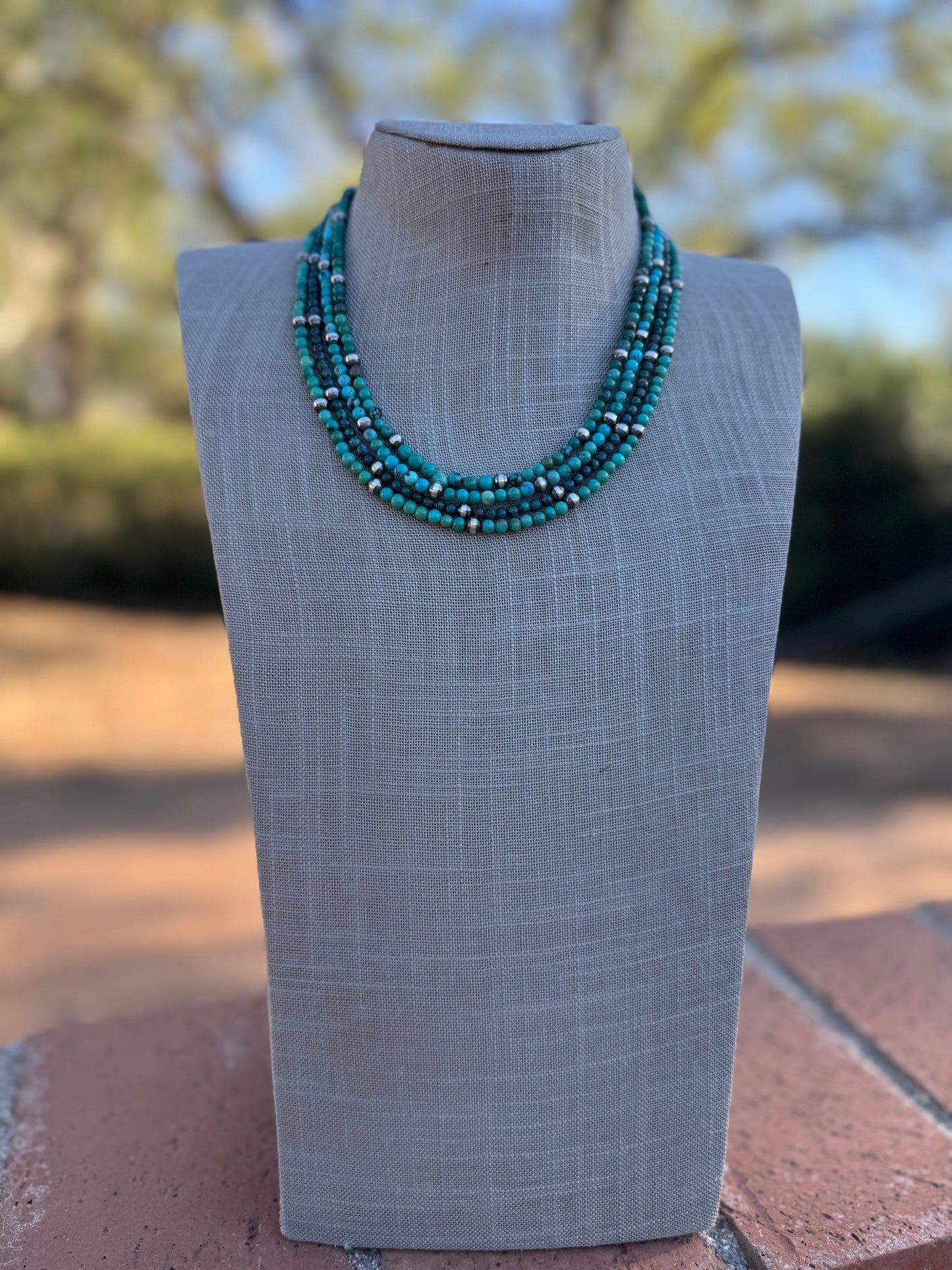 Handcrafted Kingman Turquoise & Sterling silver pearl 4-5mm Beaded Necklace 18"