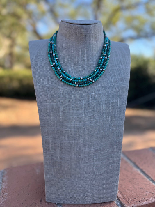Handcrafted Kingman Turquoise & Sterling silver pearl 4-5mm Beaded Necklace 18"