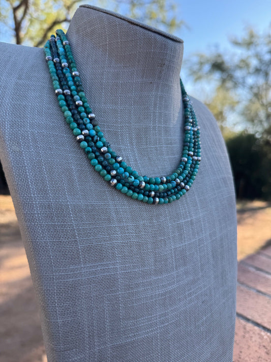Handcrafted Kingman Turquoise & Sterling silver pearl 4-5mm Beaded Necklace 18"