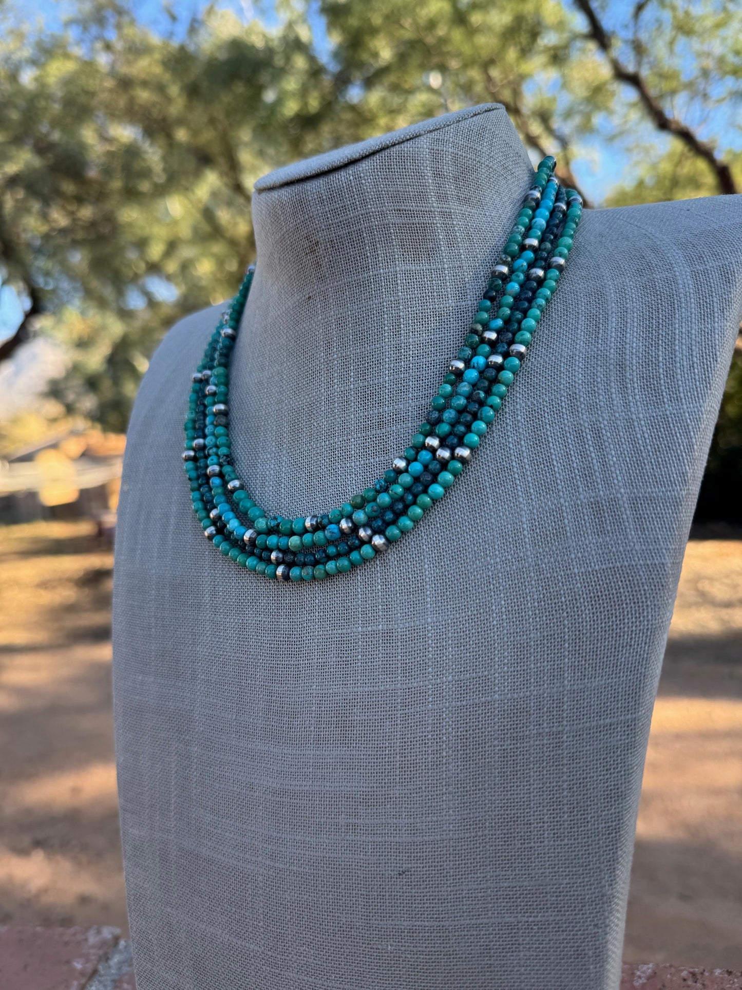 Handcrafted Kingman Turquoise & Sterling silver pearl 4-5mm Beaded Necklace 18"