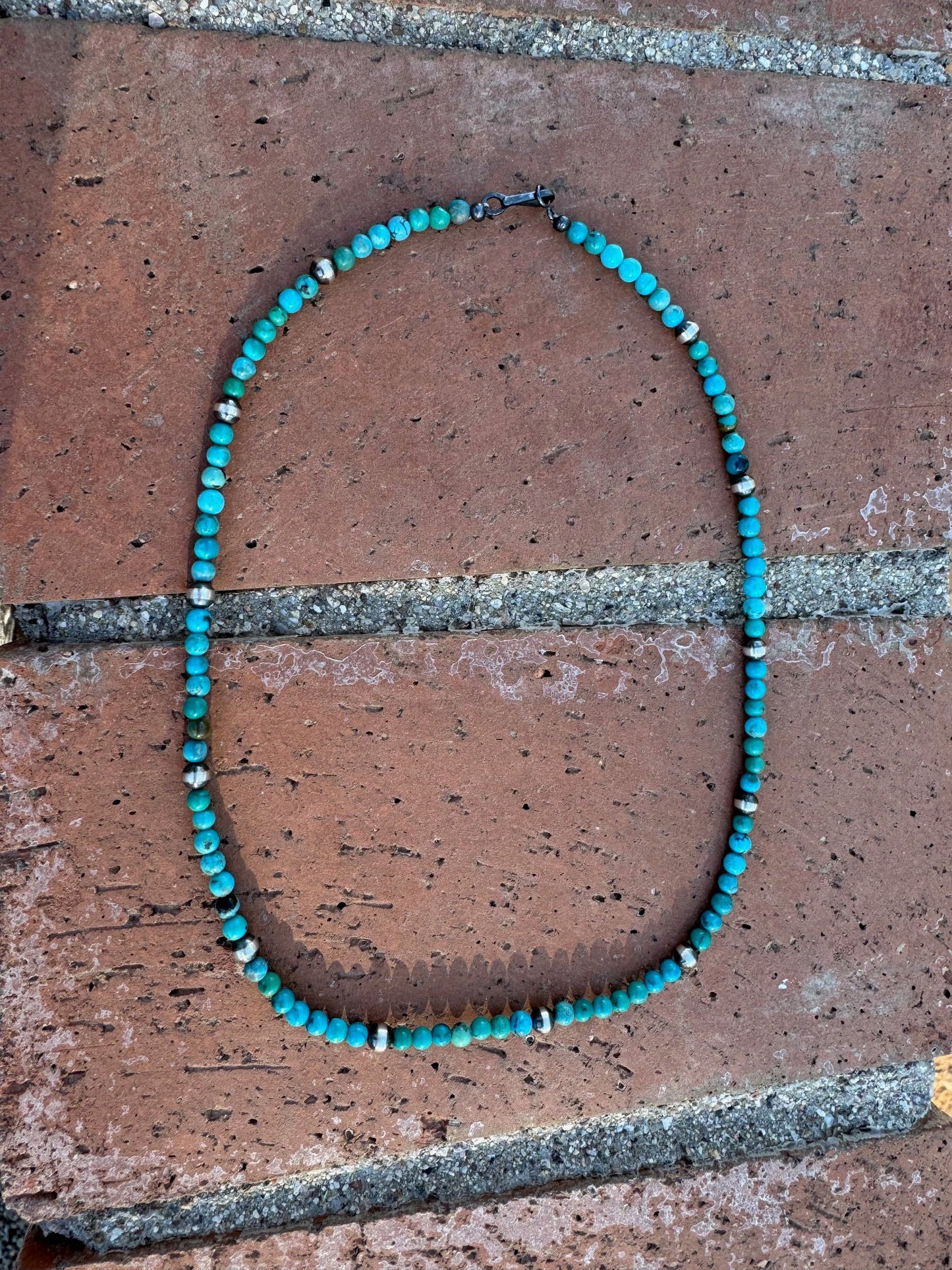 Handcrafted Kingman Turquoise & Sterling silver pearl 4-5mm Beaded Necklace 18"