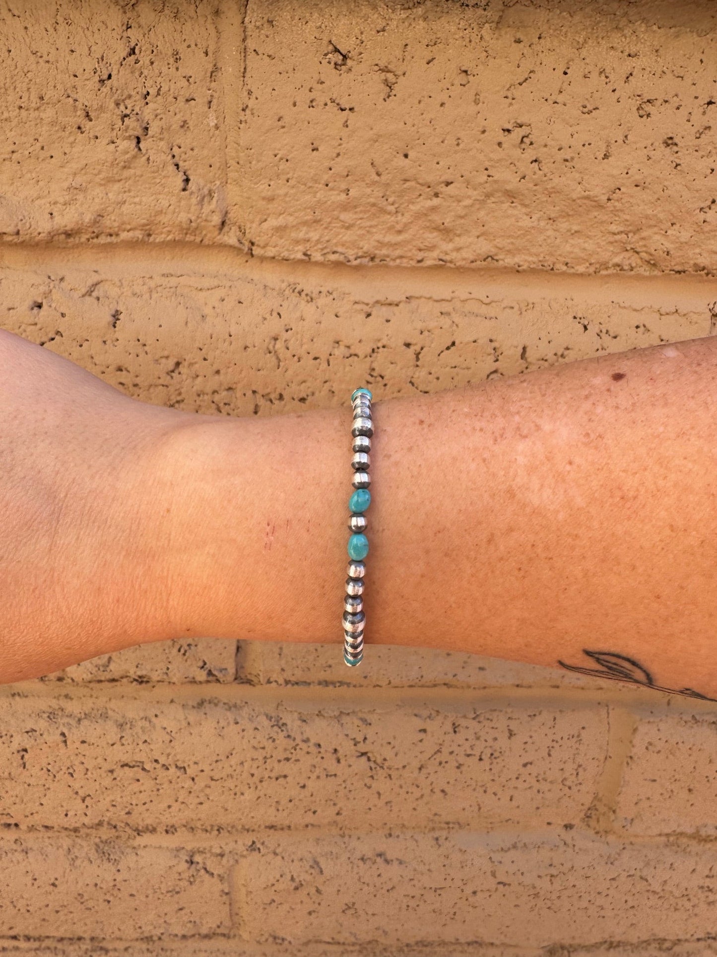 Handcrafted Turquoise & Sterling Silver Pearls 4-5mm Beaded Bracelet 7.5"