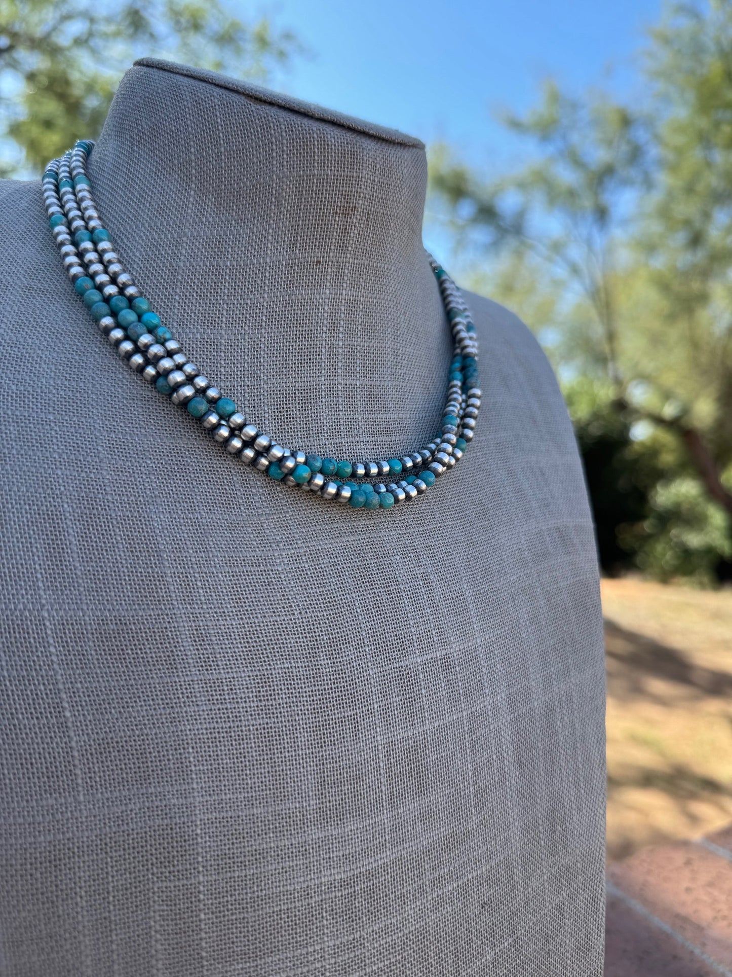 Handcrafted Turquoise & Sterling Silver Pearl 4mm Beaded Necklace 16"