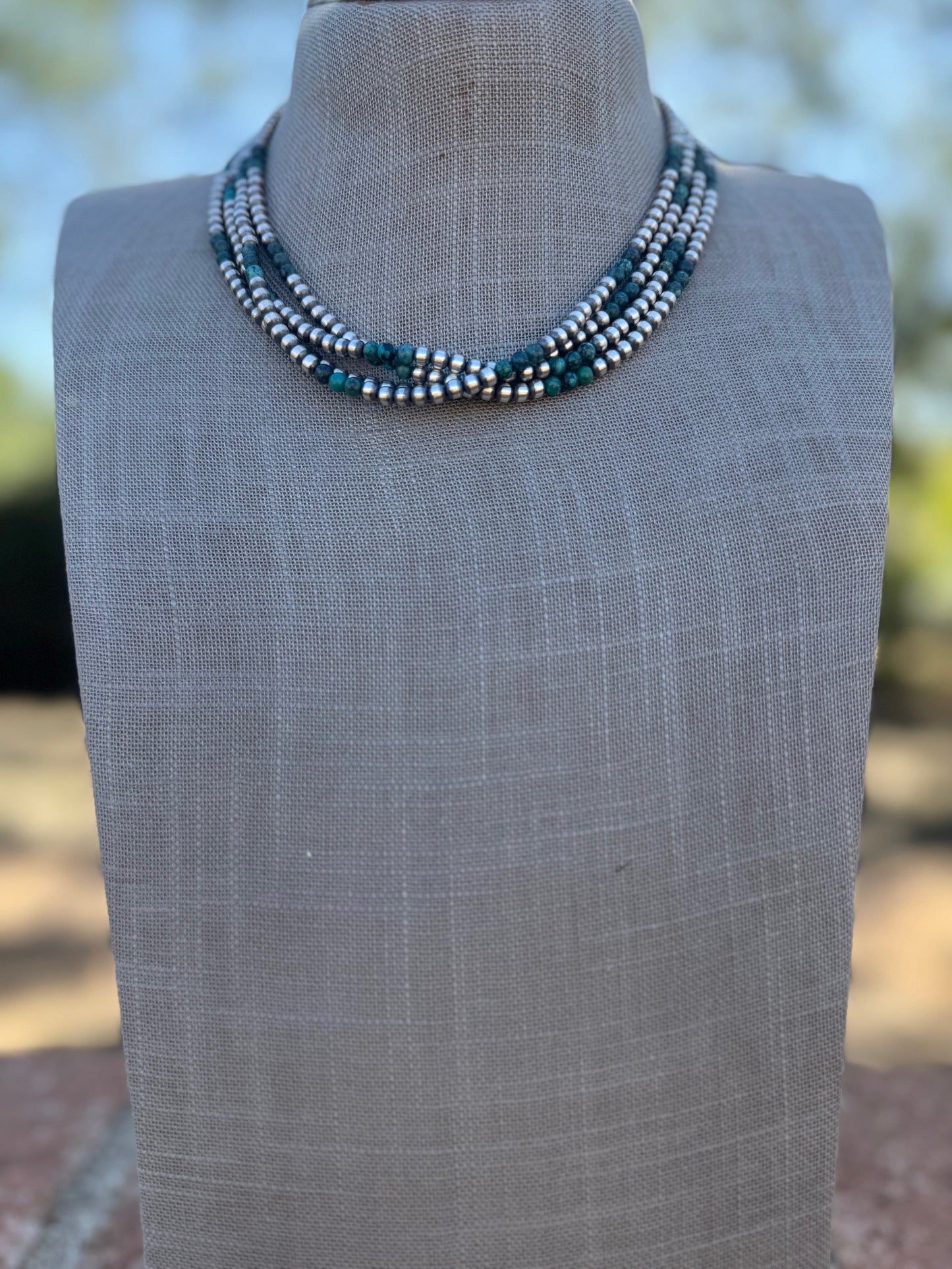 Handcrafted Hubei Turquoise & Sterling Silver Pearl 4mm Beaded Necklace 16"