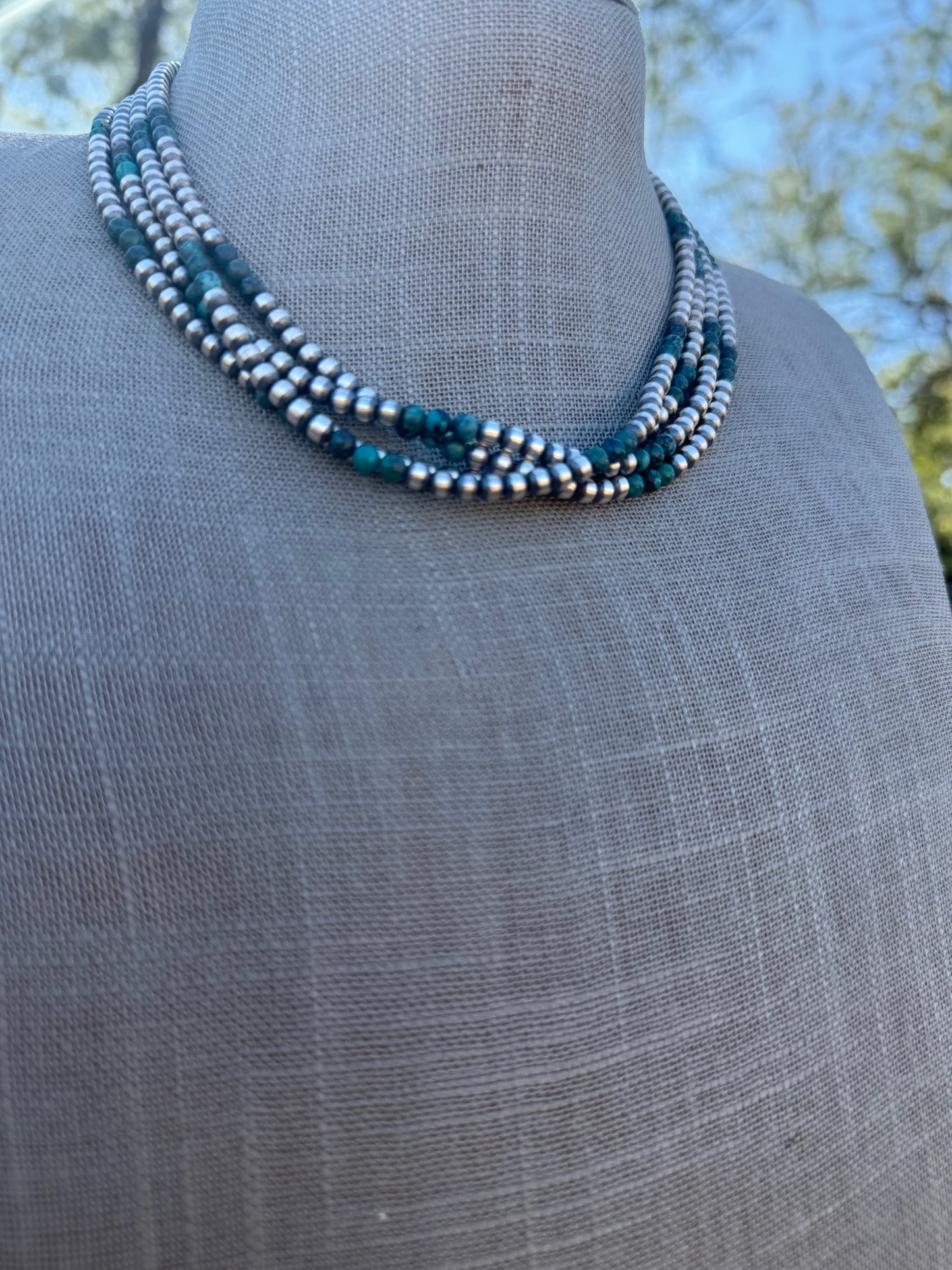 Handcrafted Hubei Turquoise & Sterling Silver Pearl 4mm Beaded Necklace 16"