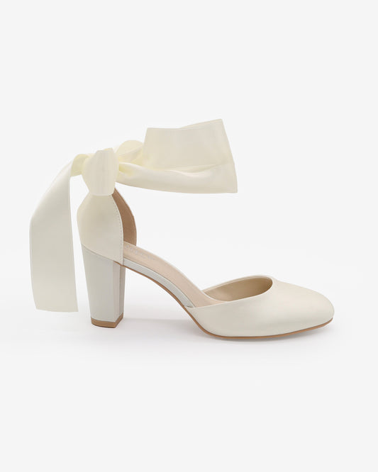Satin Wedding Block Heel with Wrapped Ankle Tie
