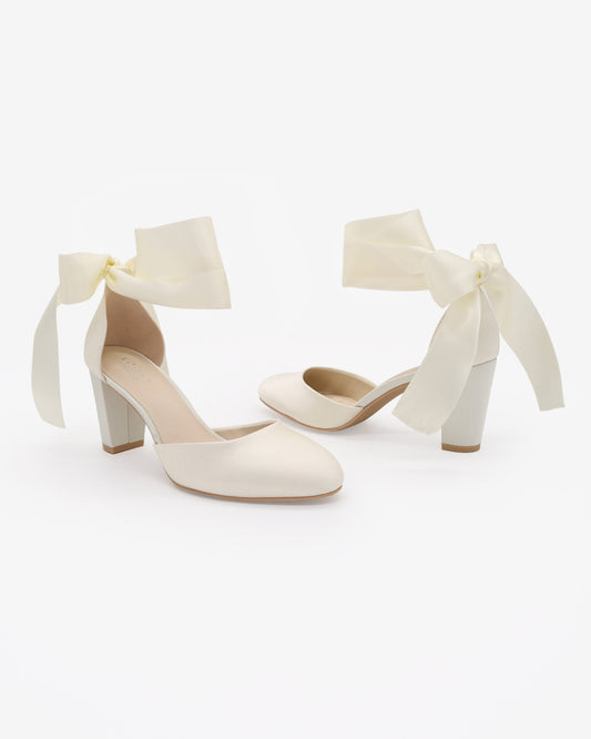 Satin Wedding Block Heel with Wrapped Ankle Tie
