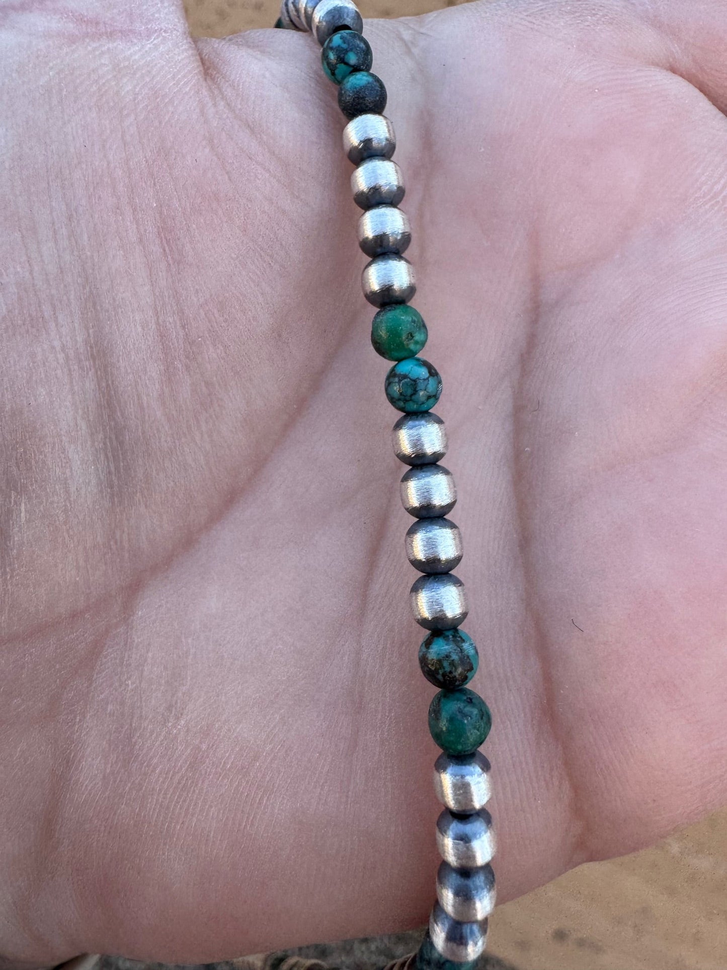 Handcrafted Hubei Turquoise & Sterling Silver Pearl 4mm Beaded Necklace 16"