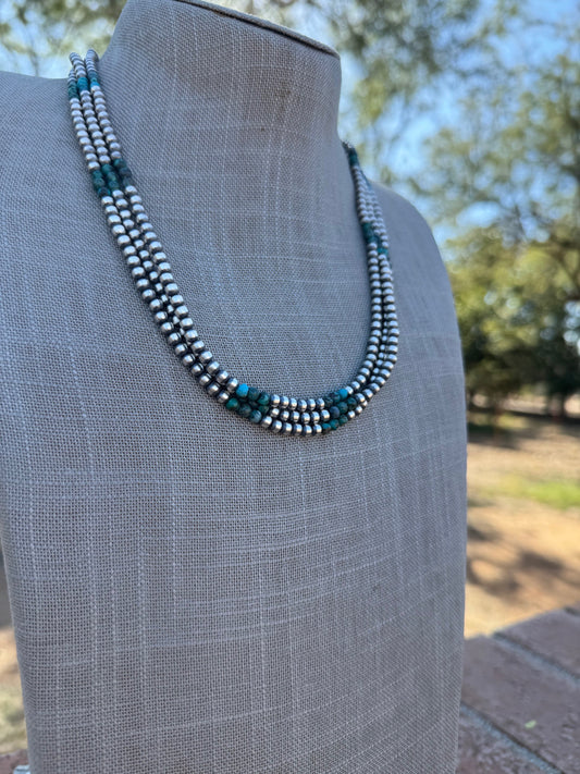 Handcrafted Hubei Turquoise & Sterling Silver Pearl 4mm Beaded Necklace 20"