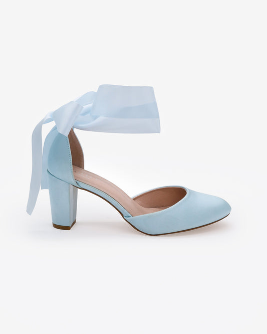 Satin Wedding Block Heel with Wrapped Satin Tie